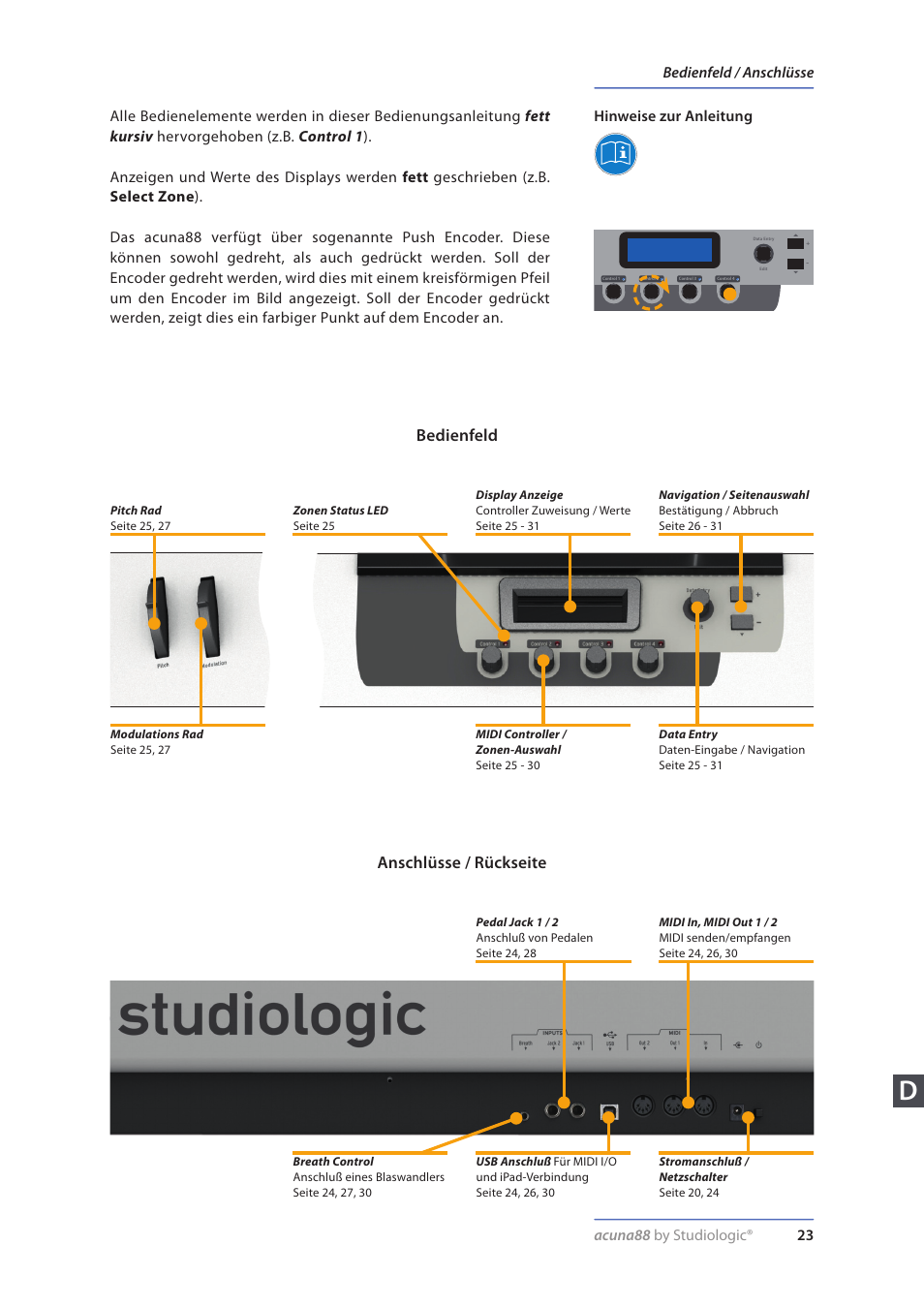 Hinweise zur anleitung, Bedienfeld / anschlüsse, Bedienfeld anschlüsse / rückseite | Acuna88 by studiologic® 23 bedienfeld / anschlüsse | Studiologic Acuna 88 Manual User Manual | Page 23 / 56