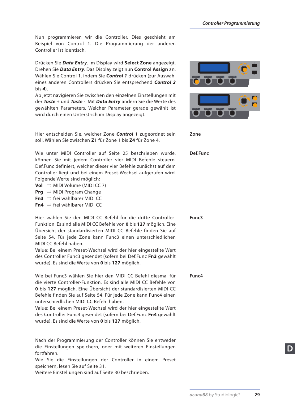 Controller programmierung, Zone, Def.func | Func3, Func4 | Studiologic Acuna 88 Manual User Manual | Page 29 / 56