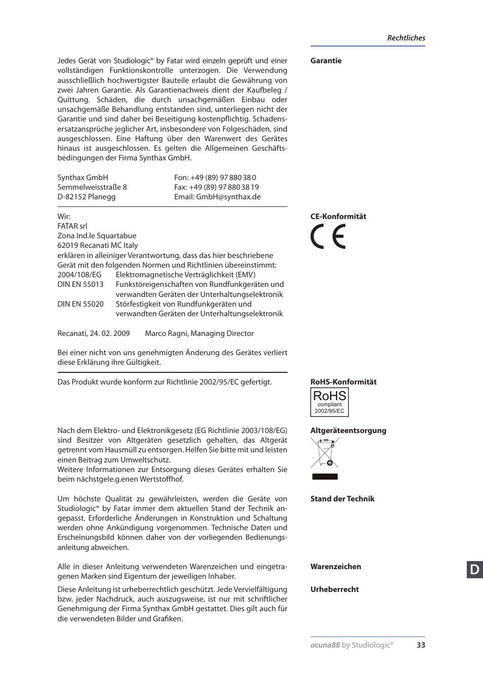 Rechtliches, Rohs | Studiologic Acuna 88 Manual User Manual | Page 33 / 56