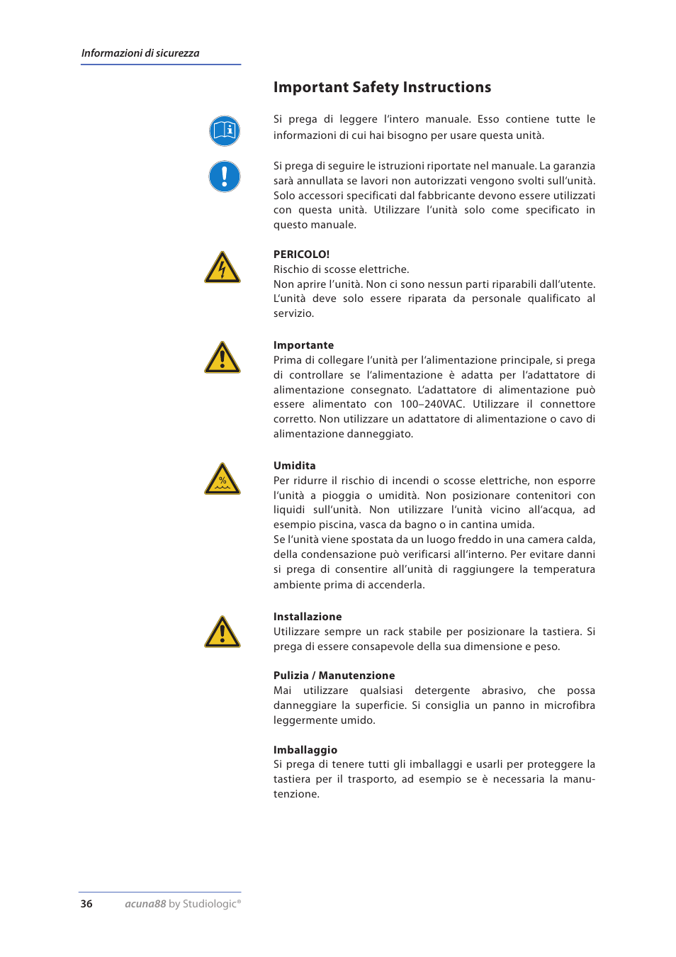Informazioni di sicurezza, Important safety instructions | Studiologic Acuna 88 Manual User Manual | Page 36 / 56