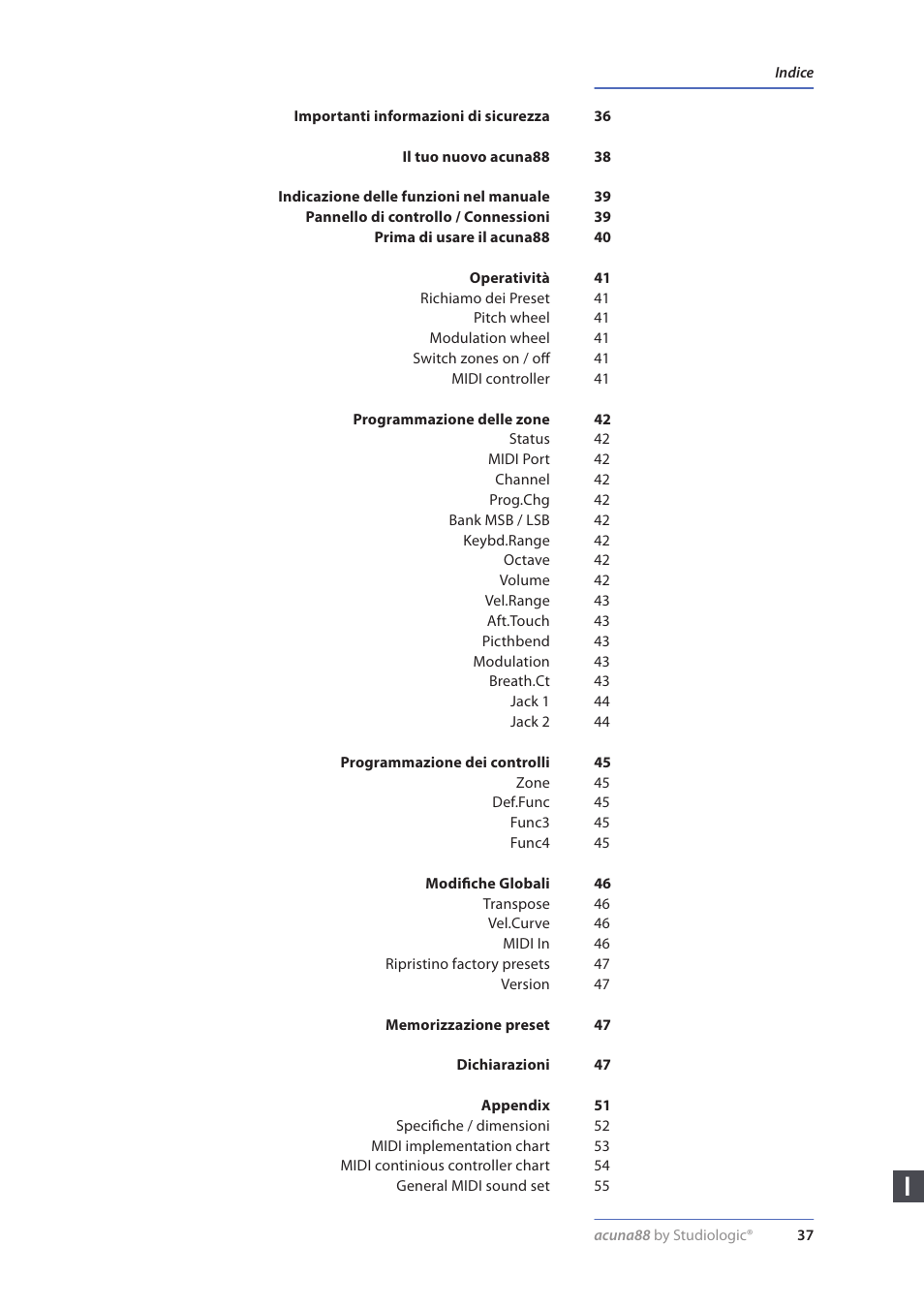 Indice | Studiologic Acuna 88 Manual User Manual | Page 37 / 56