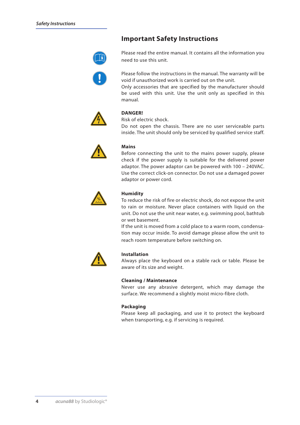Important safety instructions | Studiologic Acuna 88 Manual User Manual | Page 4 / 56