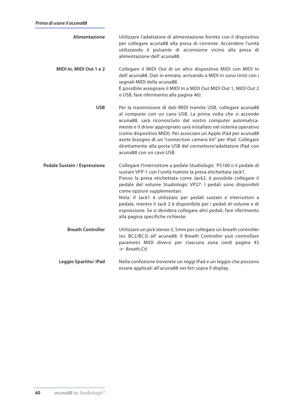 Prima di usare il acuna88 | Studiologic Acuna 88 Manual User Manual | Page 40 / 56