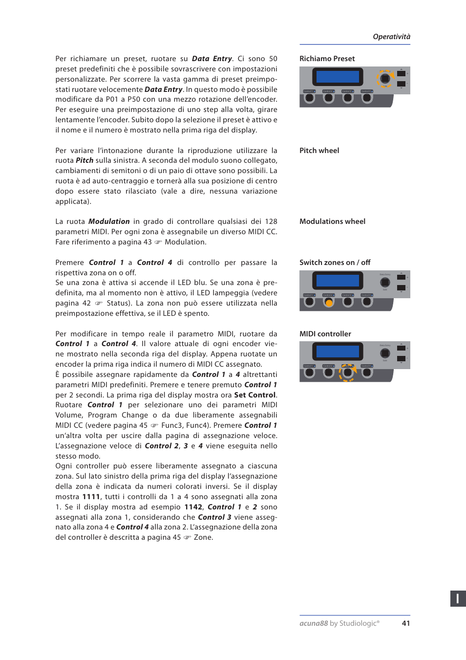 Operatività, Richiamo preset, Pitch wheel | Modulations wheel, Switch zones on / off, Midi controller, Acuna88 by studiologic® 41 | Studiologic Acuna 88 Manual User Manual | Page 41 / 56