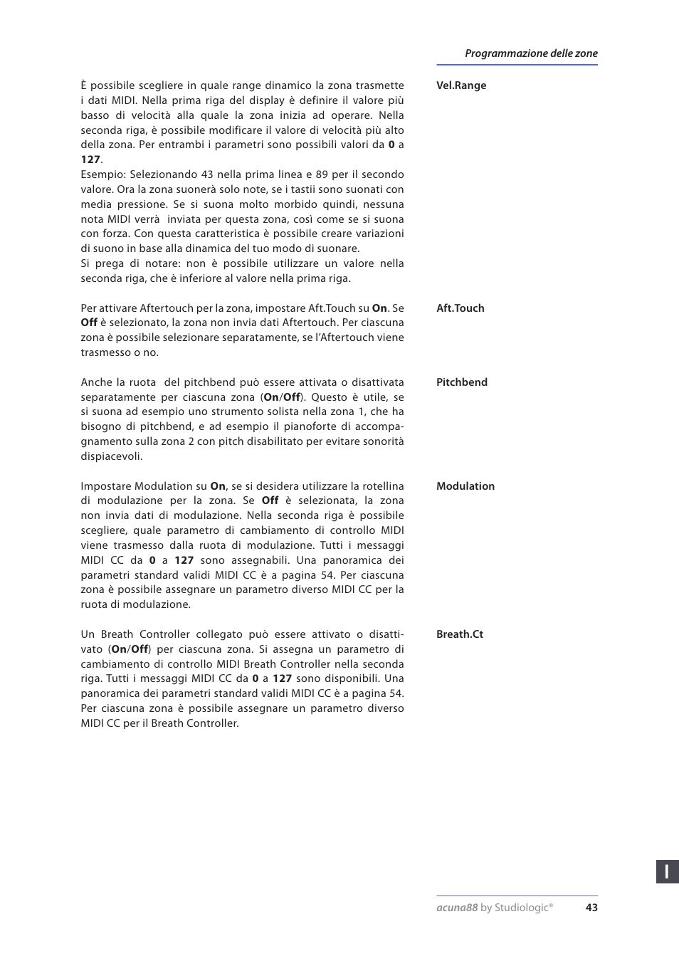 Vel.range, Aft.touch, Pitchbend | Modulation | Studiologic Acuna 88 Manual User Manual | Page 43 / 56