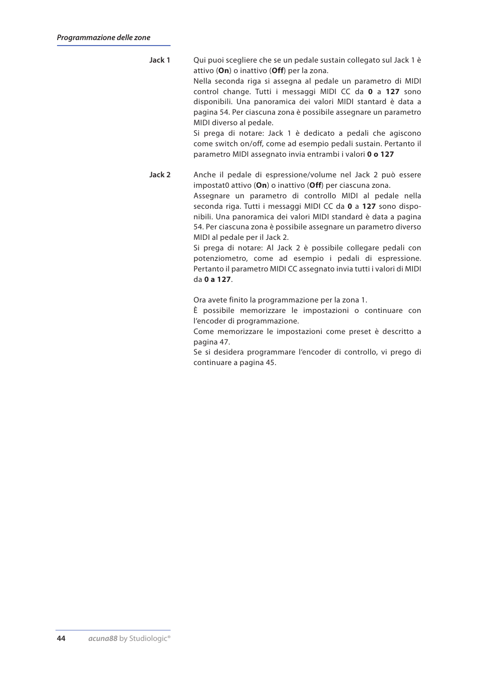 Jack 1, Jack 2 | Studiologic Acuna 88 Manual User Manual | Page 44 / 56