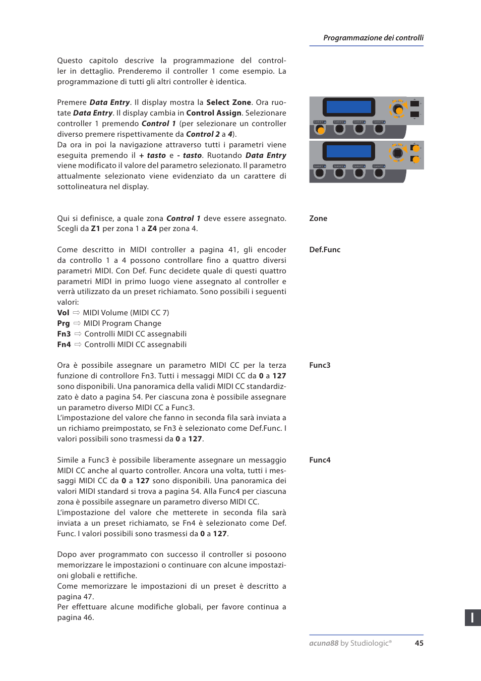 Programmazione dei controlli, Zone, Def.func | Func3, Func4 | Studiologic Acuna 88 Manual User Manual | Page 45 / 56