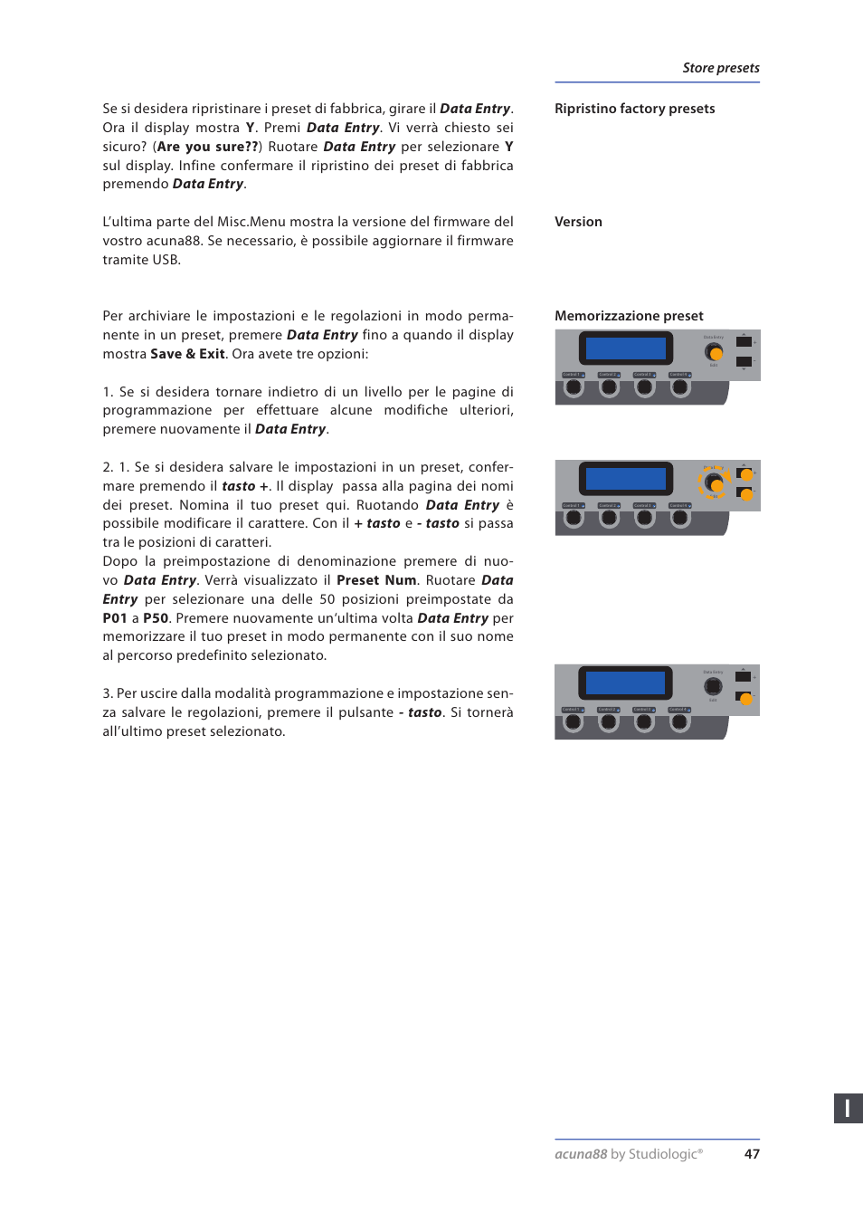 Ripristino factory presets, Version, Memorizzazione preset | Acuna88 by studiologic® 47 | Studiologic Acuna 88 Manual User Manual | Page 47 / 56