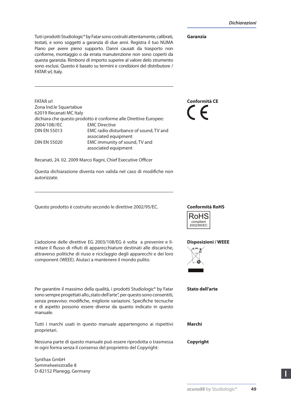 Dichiarazioni, Rohs | Studiologic Acuna 88 Manual User Manual | Page 49 / 56