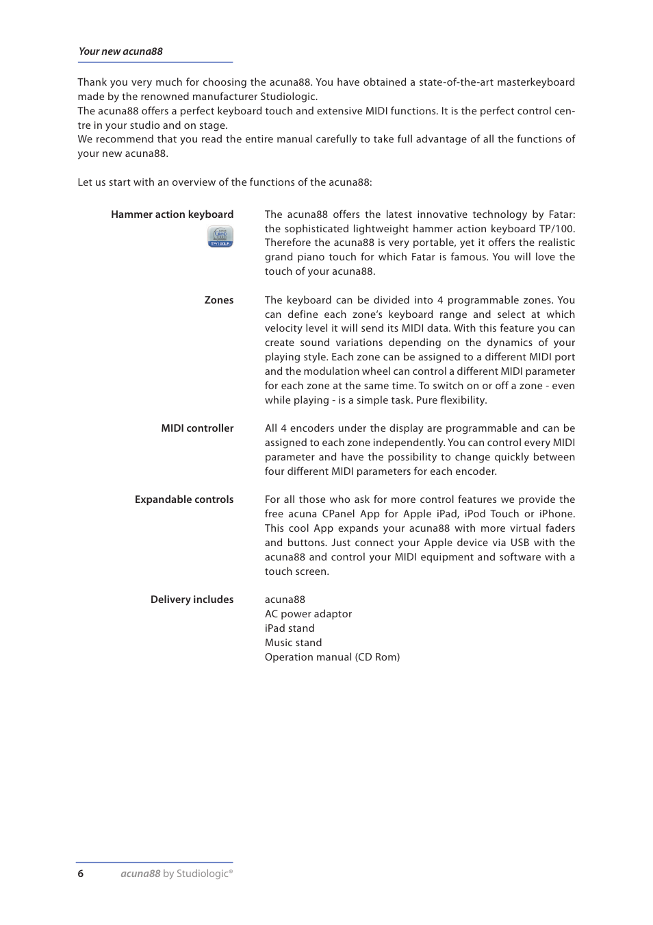 Your new acuna88 | Studiologic Acuna 88 Manual User Manual | Page 6 / 56