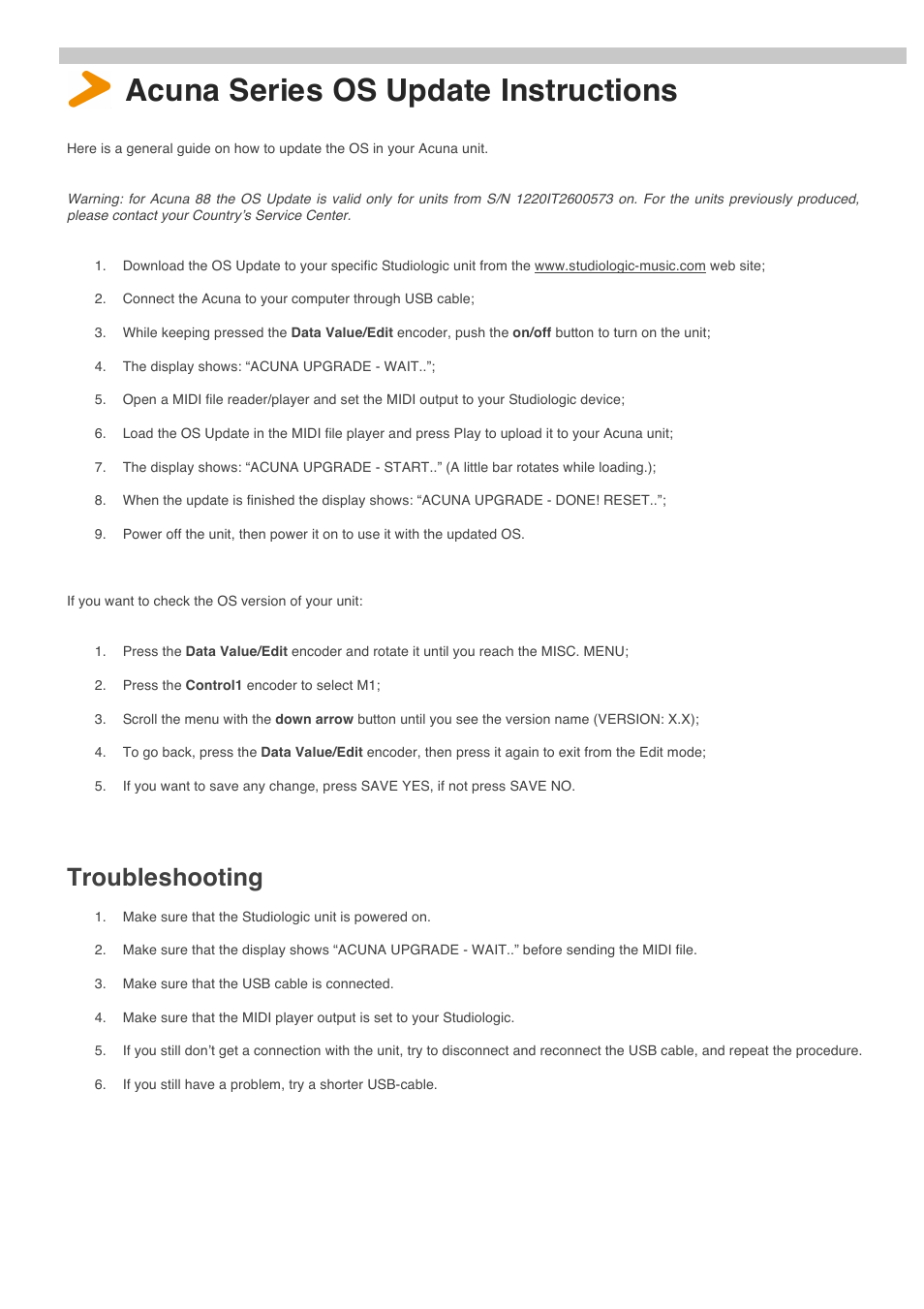 Studiologic Acuna 88 Updater Instructions User Manual | 1 page