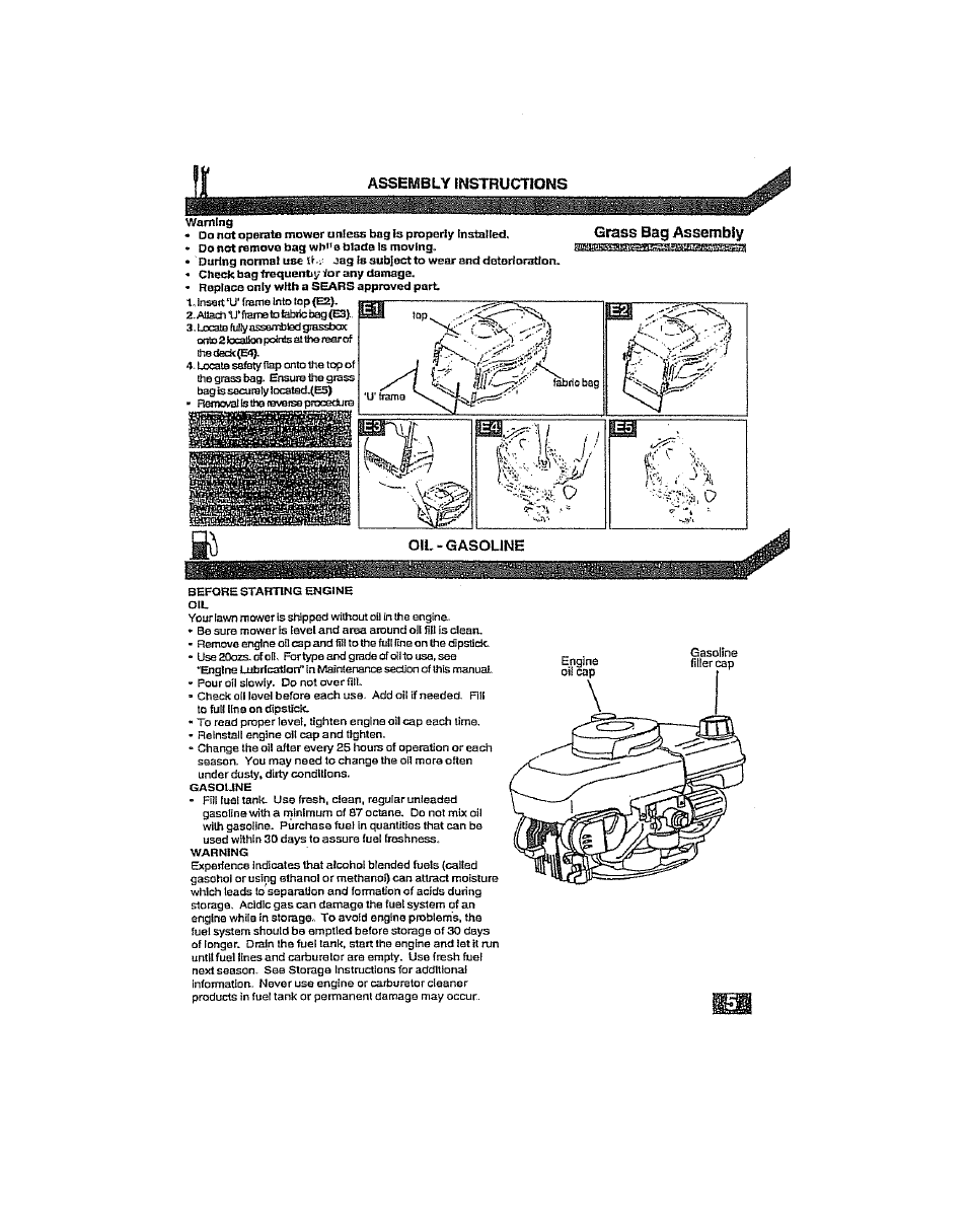 Assembly instructions, Grass bag assembly | Craftsman 917.38919 User Manual | Page 5 / 12