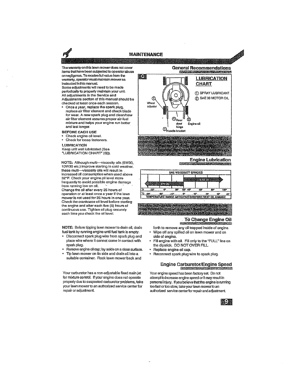 General recommendations, Lubrication chart, Roor | Engine i | Craftsman 917.38919 User Manual | Page 9 / 12