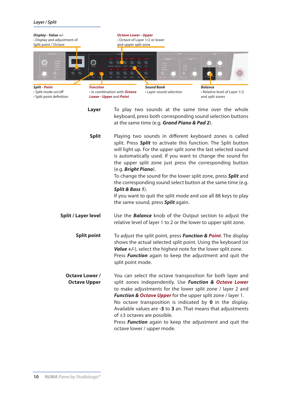 Layer, Split, Split / layer level | Split point, Octave lower / upper | Studiologic Numa Piano User Manual | Page 10 / 72