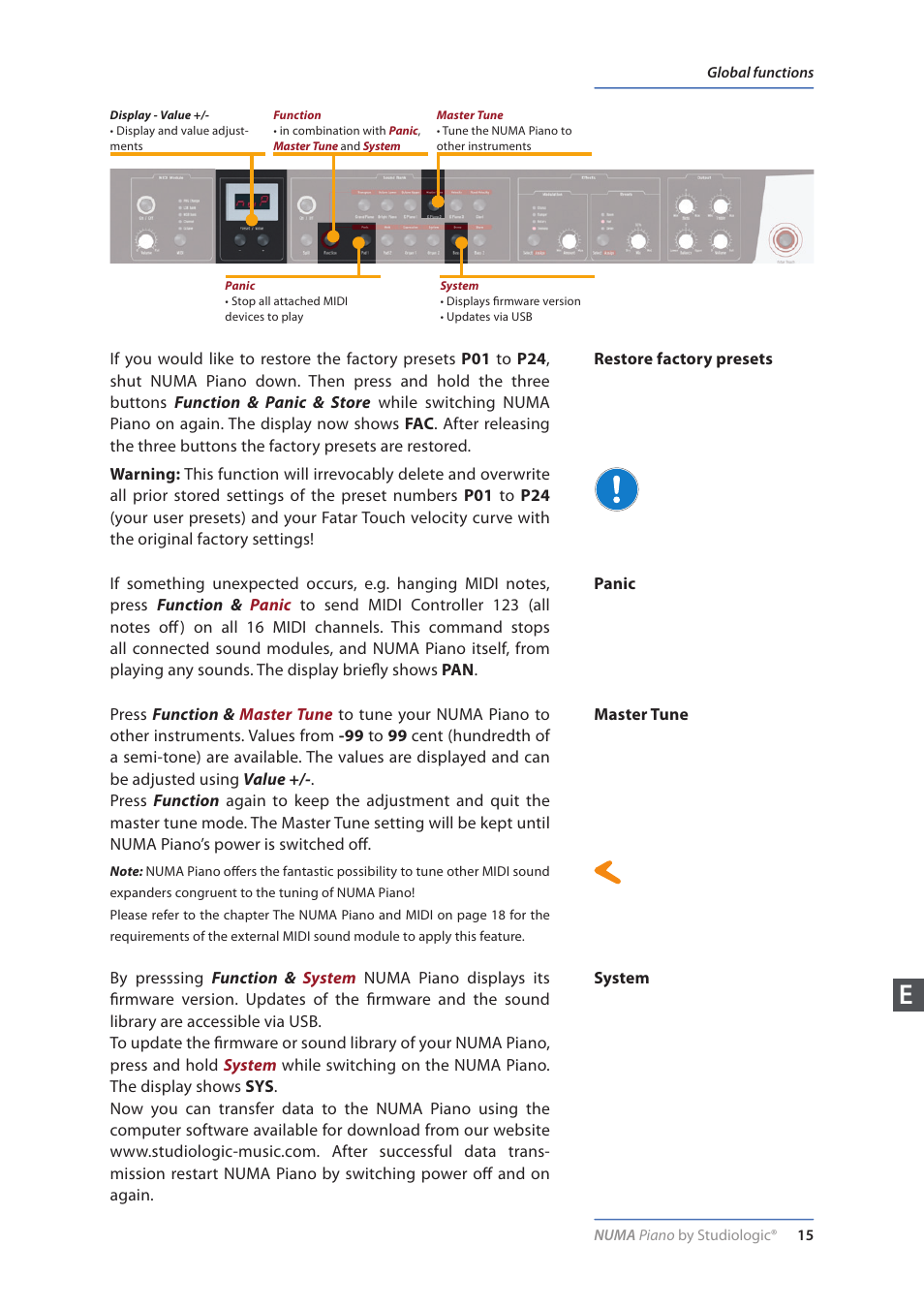 Restore factory presets, Panic, Master tune | System | Studiologic Numa Piano User Manual | Page 15 / 72