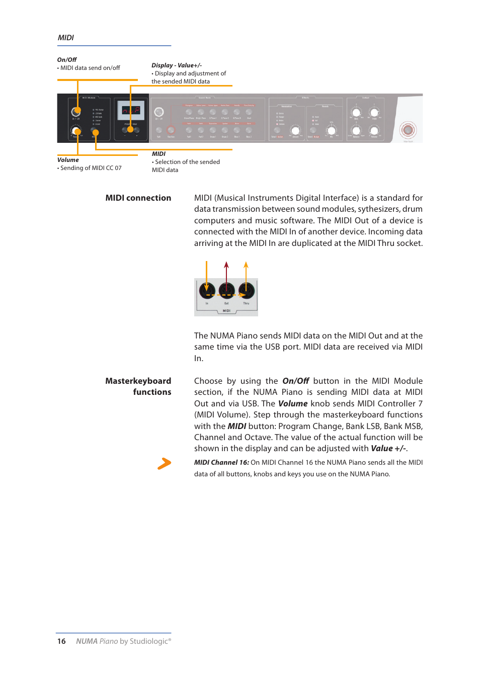 Midi, Midi connection, Masterkeyboard functions | Studiologic Numa Piano User Manual | Page 16 / 72
