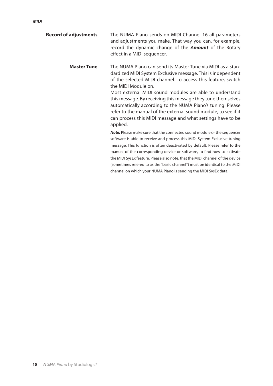 Record of adjustments, Master tune | Studiologic Numa Piano User Manual | Page 18 / 72