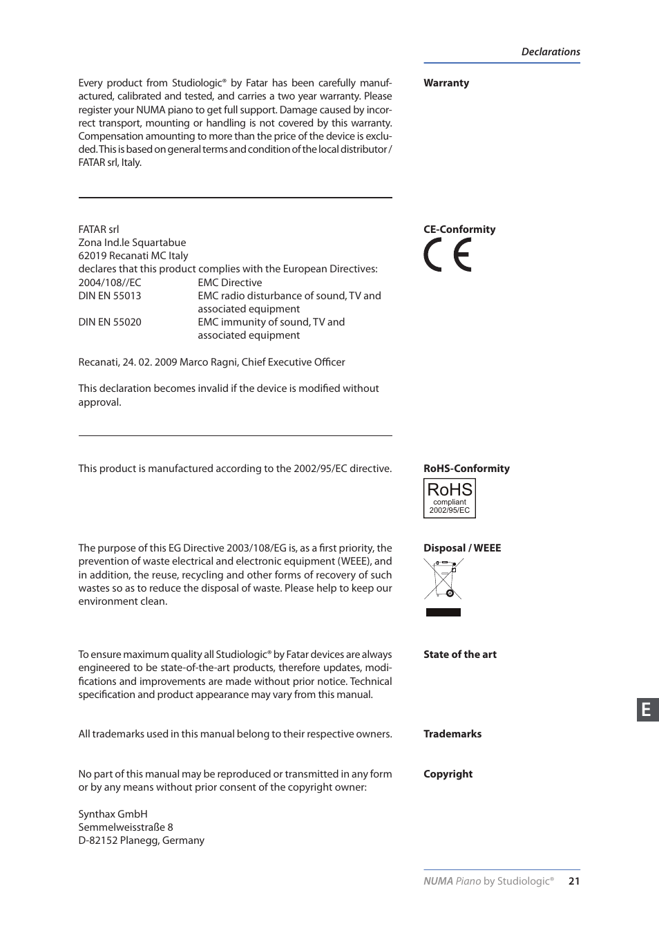 Declarations, Rohs | Studiologic Numa Piano User Manual | Page 21 / 72