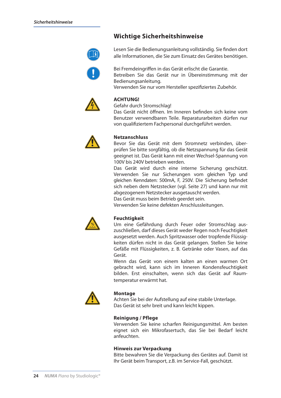 Wichtige sicherheitshinweise | Studiologic Numa Piano User Manual | Page 24 / 72