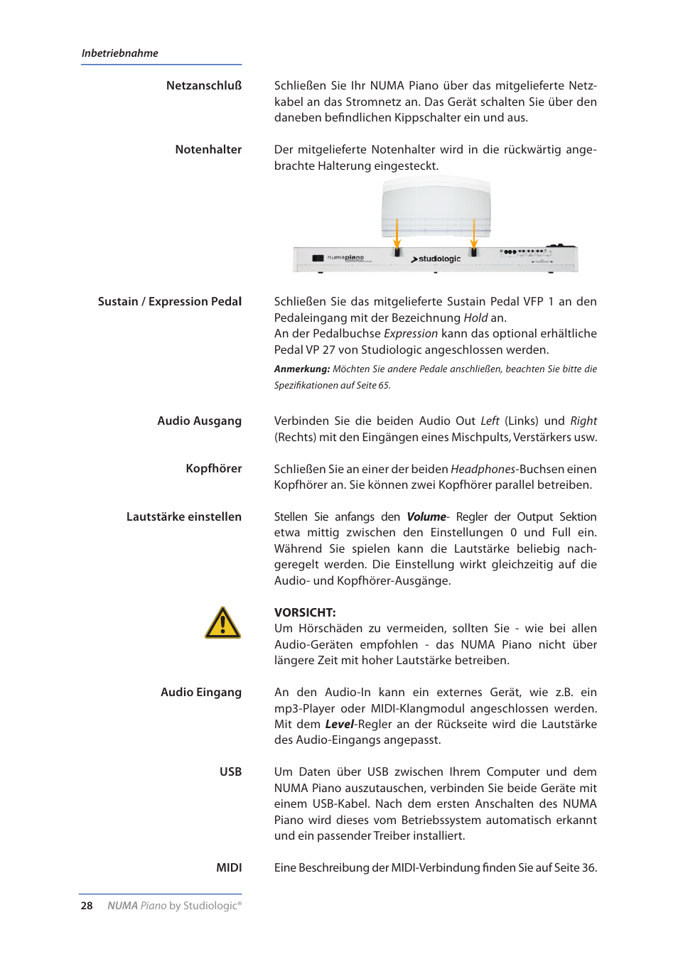 Inbetriebnahme, Lautstärke einstellen | Studiologic Numa Piano User Manual | Page 28 / 72