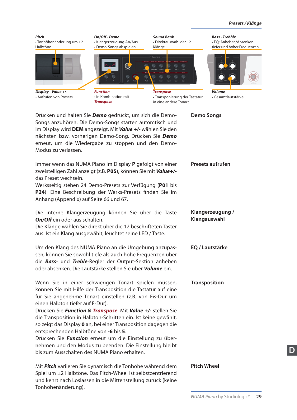 Bedienung, Demo songs, Presets aufrufen | Klangerzeugung / klangauswahl, Eq / lautstärke, Transposition, Pitch wheel | Studiologic Numa Piano User Manual | Page 29 / 72
