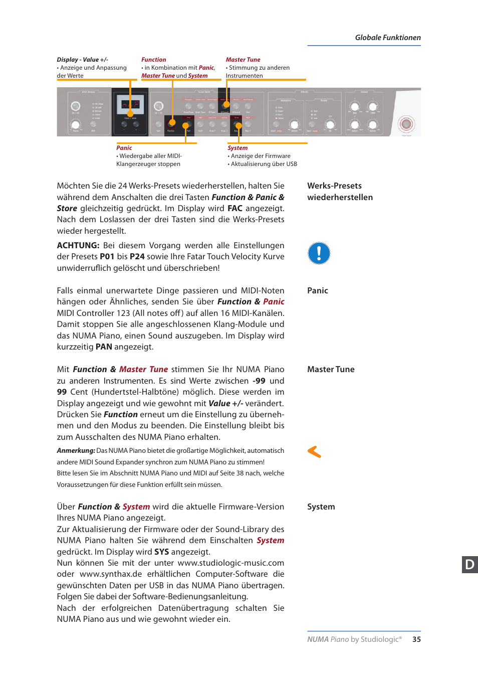 Werks-presets wiederherstellen, Panic, Master tune | System | Studiologic Numa Piano User Manual | Page 35 / 72