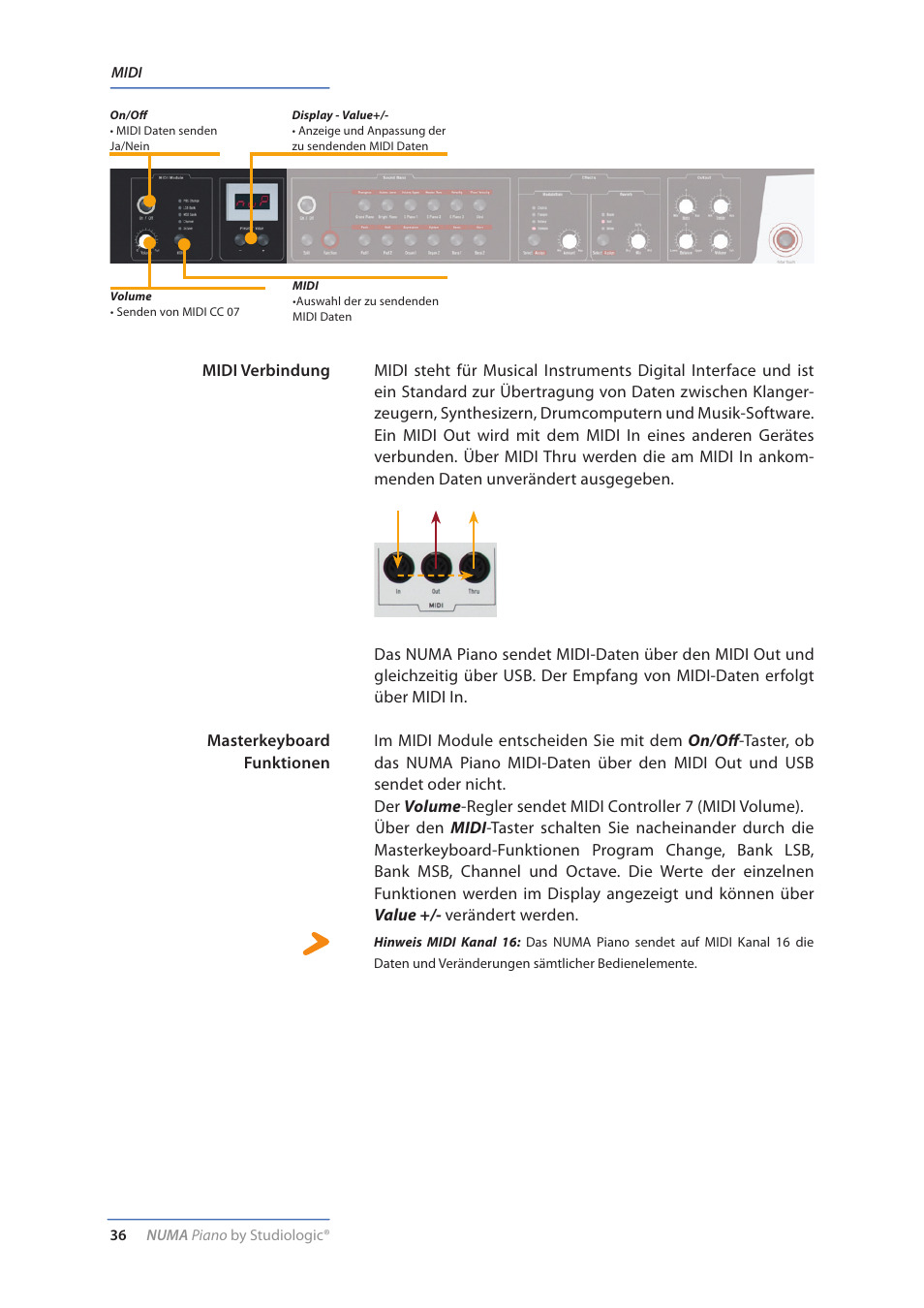 Midi, Midi verbindung, Masterkeyboard funktionen | Studiologic Numa Piano User Manual | Page 36 / 72