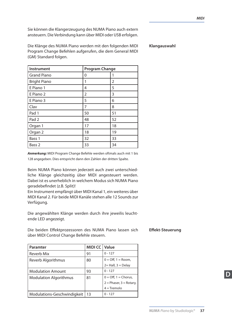 Klangauswahl, Effekt-steuerung | Studiologic Numa Piano User Manual | Page 37 / 72