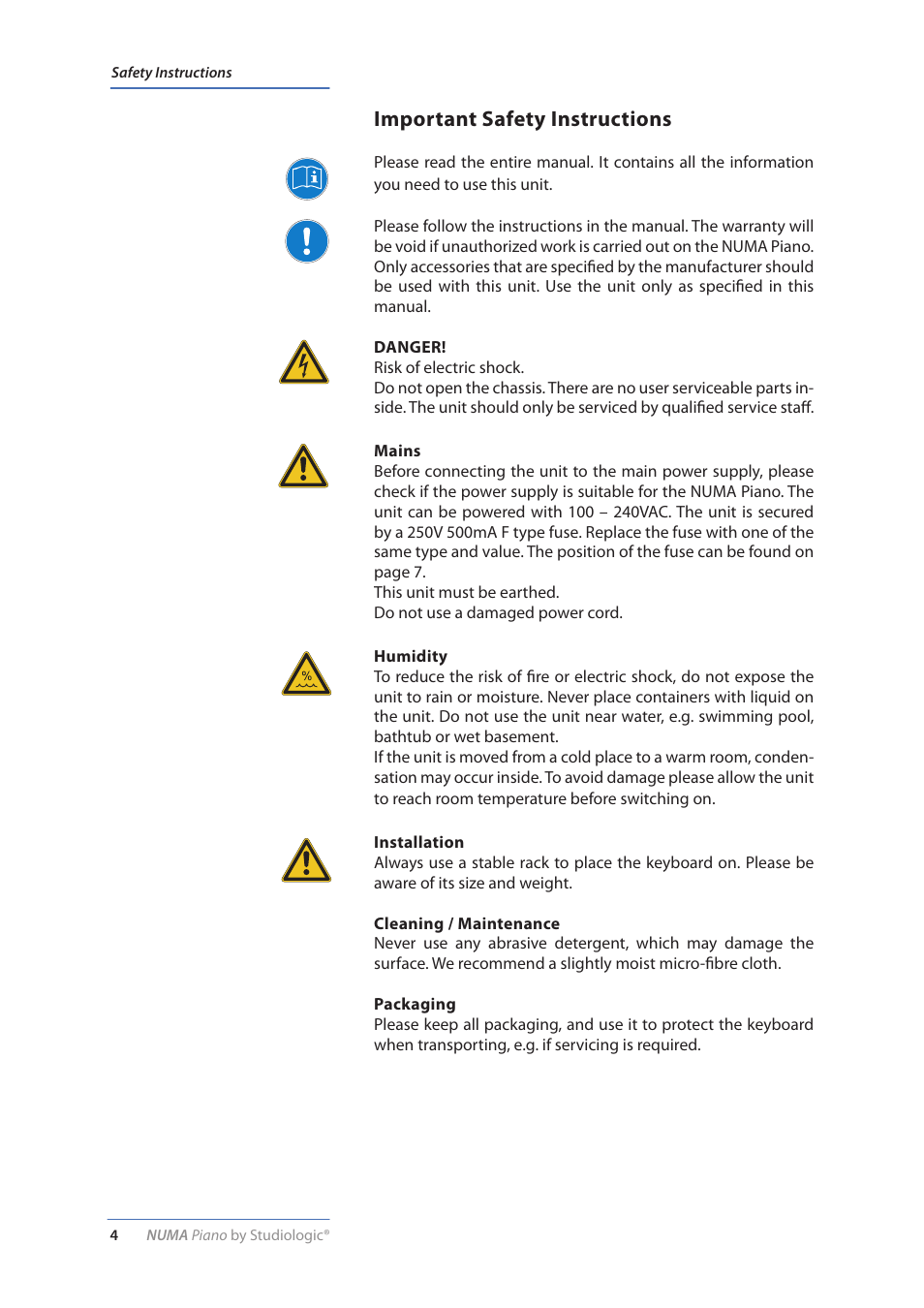 Important safety instructions | Studiologic Numa Piano User Manual | Page 4 / 72