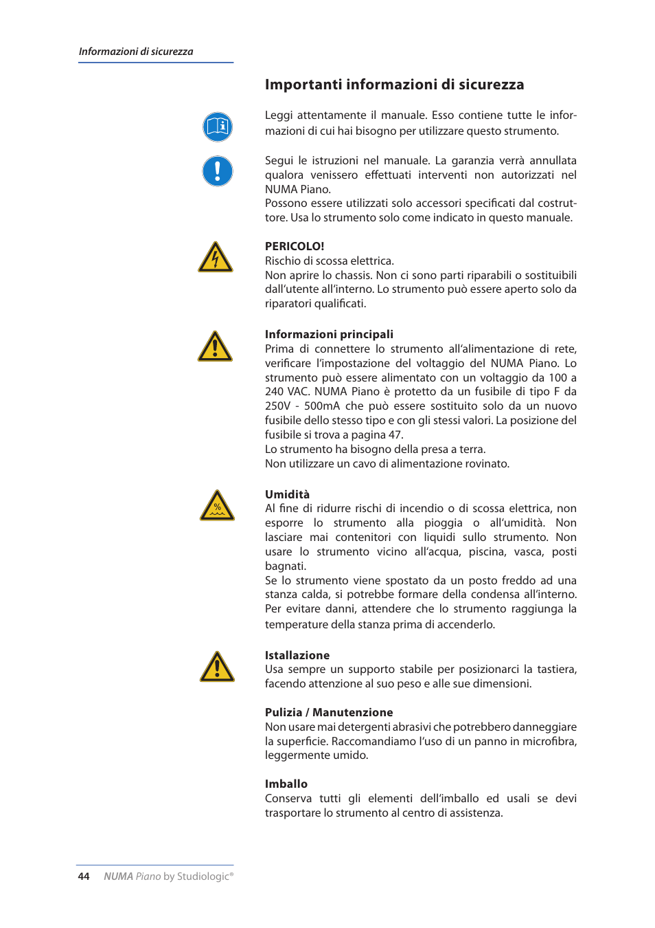 Importanti informazioni di sicurezza | Studiologic Numa Piano User Manual | Page 44 / 72