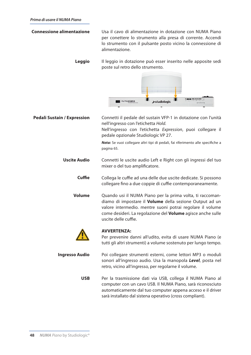 Prima di usare il numa piano, Volume | Studiologic Numa Piano User Manual | Page 48 / 72