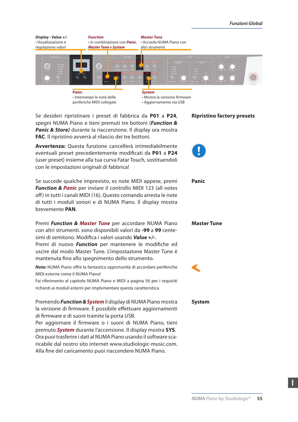Ripristino factory presets, Panic, Master tune | System | Studiologic Numa Piano User Manual | Page 55 / 72