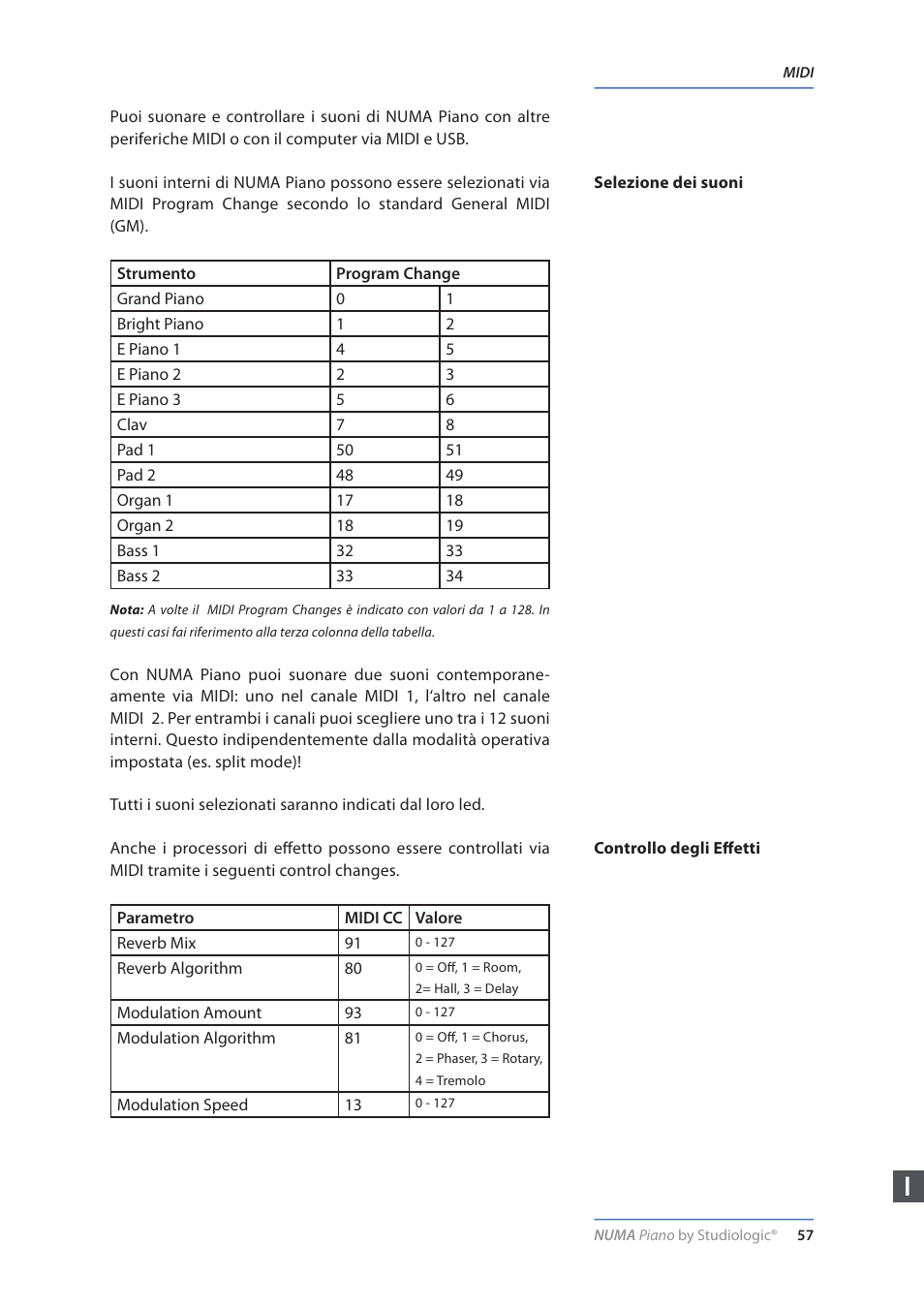 Selezione dei suoni, Controllo degli effetti | Studiologic Numa Piano User Manual | Page 57 / 72