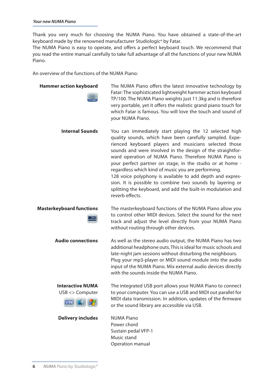 Your new numa piano | Studiologic Numa Piano User Manual | Page 6 / 72