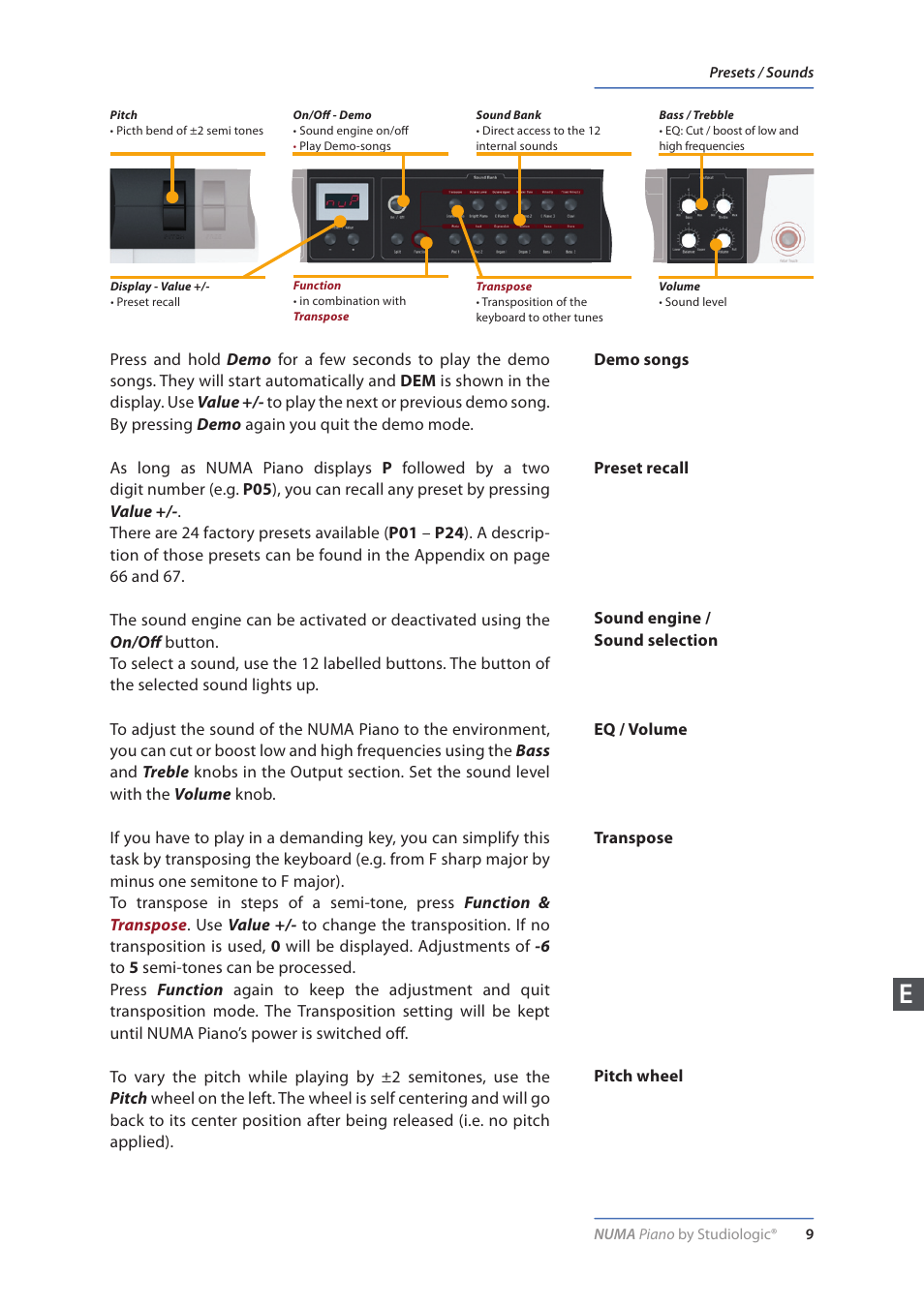 Operation, Demo songs, Preset recall | Sound engine / sound selection, Eq / volume, Transpose, Pitch wheel | Studiologic Numa Piano User Manual | Page 9 / 72