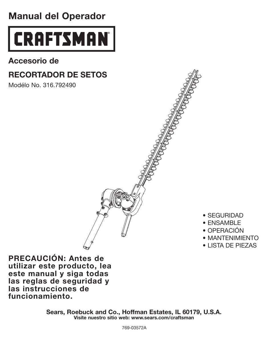 Manual del operador, Accesorio de recortador de setos | Craftsman 316.79249 User Manual | Page 9 / 20