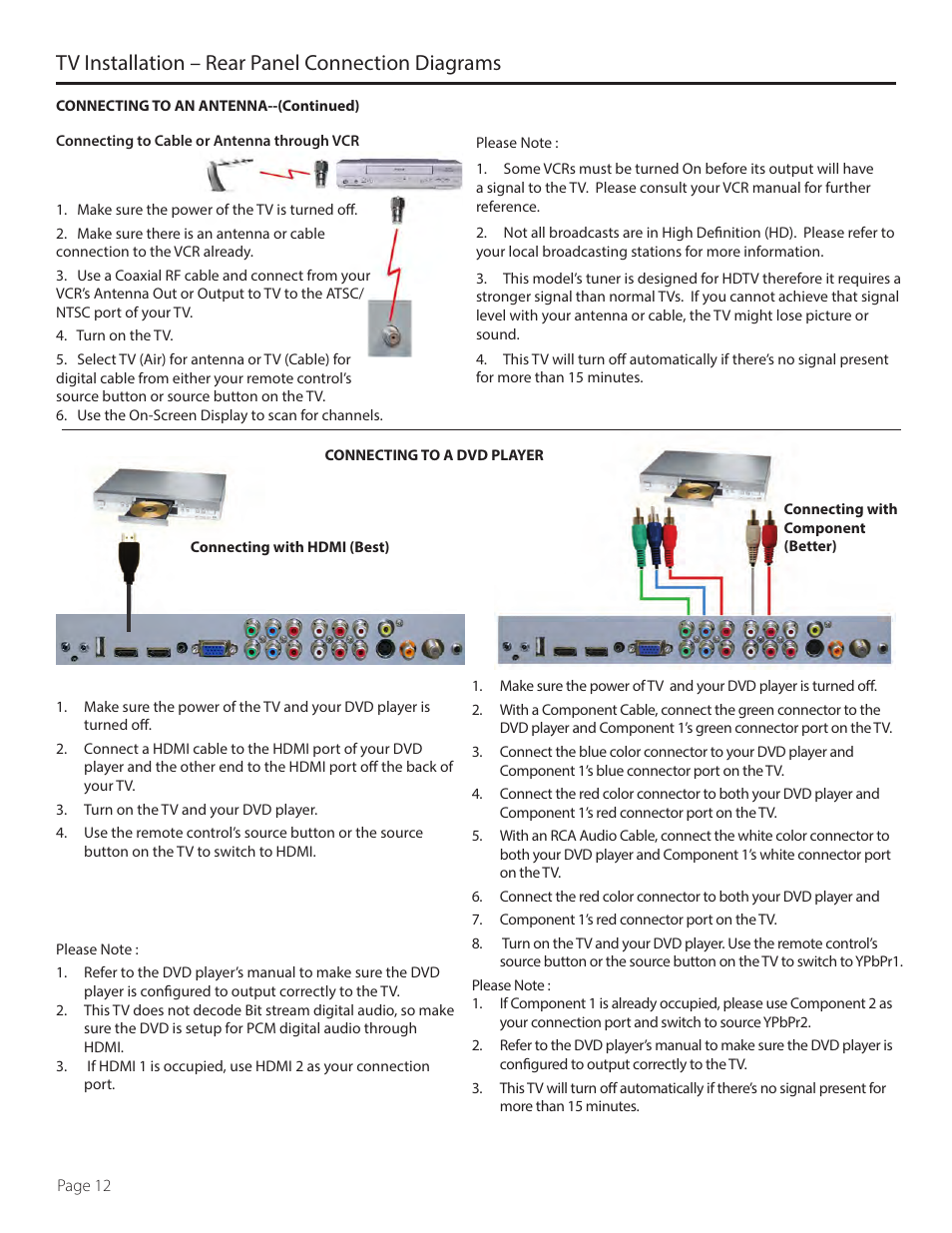 Tv installation – rear panel connection diagrams | SunBriteTV SB-5517HD User Manual | Page 12 / 42