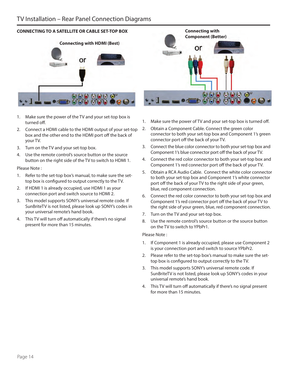 Tv installation – rear panel connection diagrams | SunBriteTV SB-5517HD User Manual | Page 14 / 42