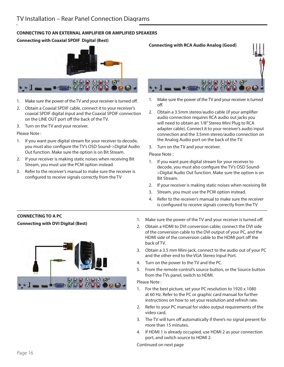 Tv installation – rear panel connection diagrams | SunBriteTV SB-5517HD User Manual | Page 16 / 42