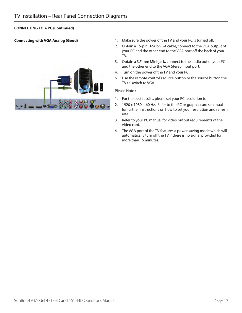 Tv installation – rear panel connection diagrams | SunBriteTV SB-5517HD User Manual | Page 17 / 42