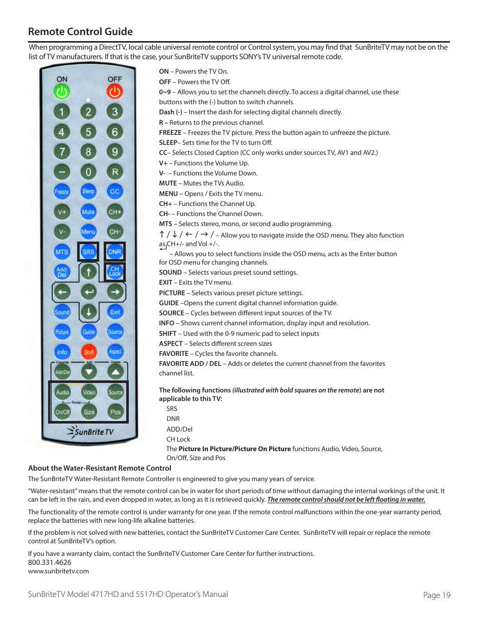 Remote control guide | SunBriteTV SB-5517HD User Manual | Page 19 / 42