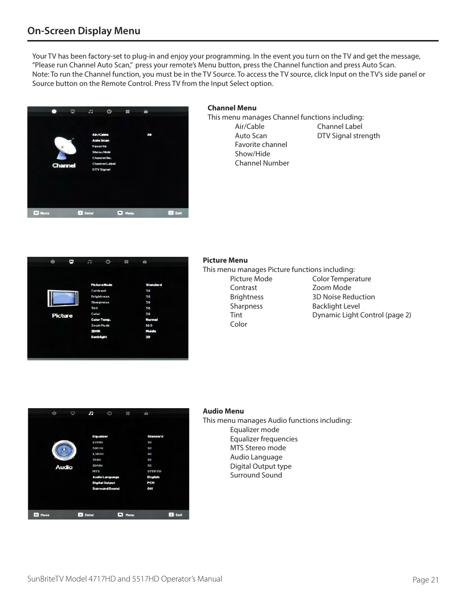 On-screen display menu | SunBriteTV SB-5517HD User Manual | Page 21 / 42