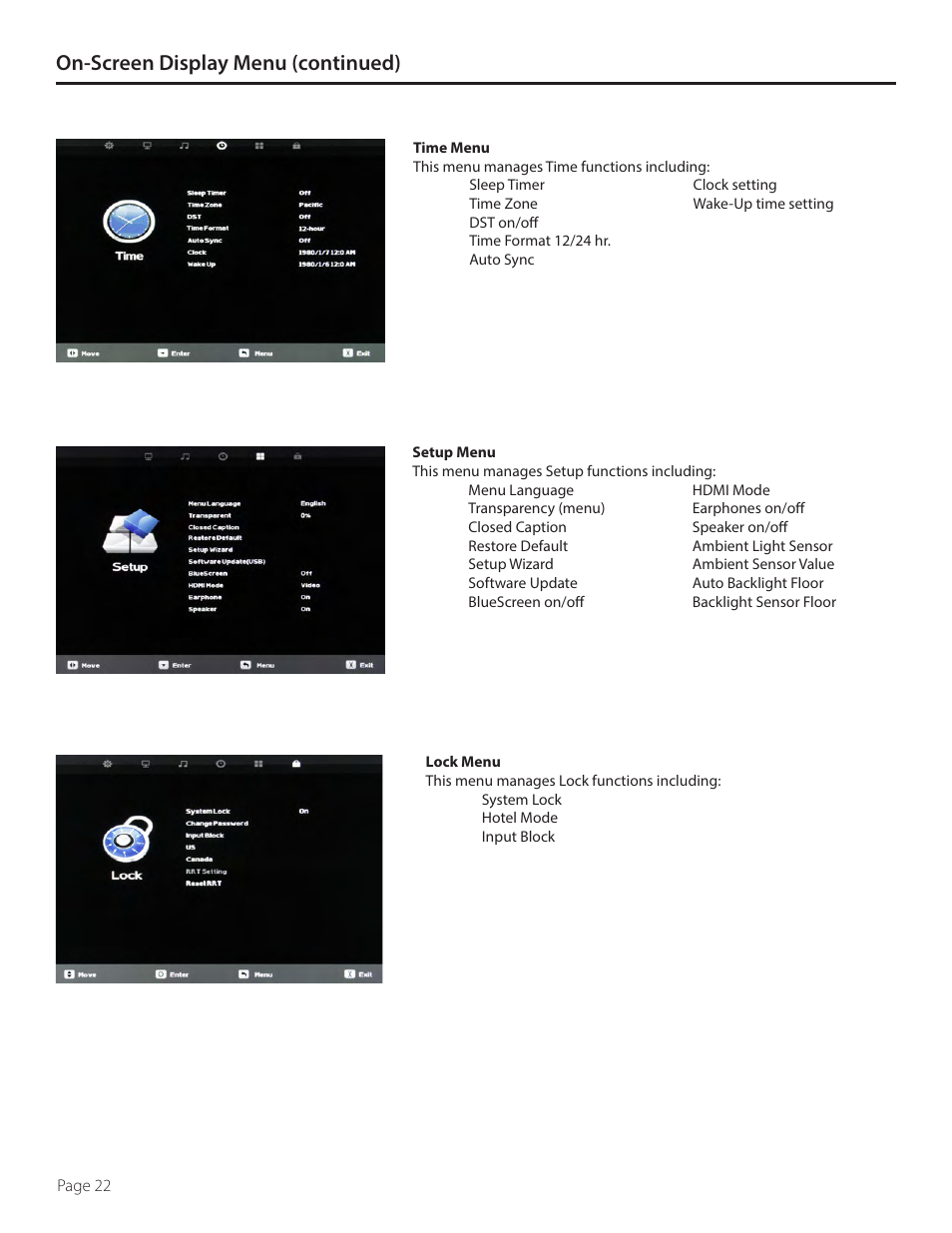 On-screen display menu (continued) | SunBriteTV SB-5517HD User Manual | Page 22 / 42