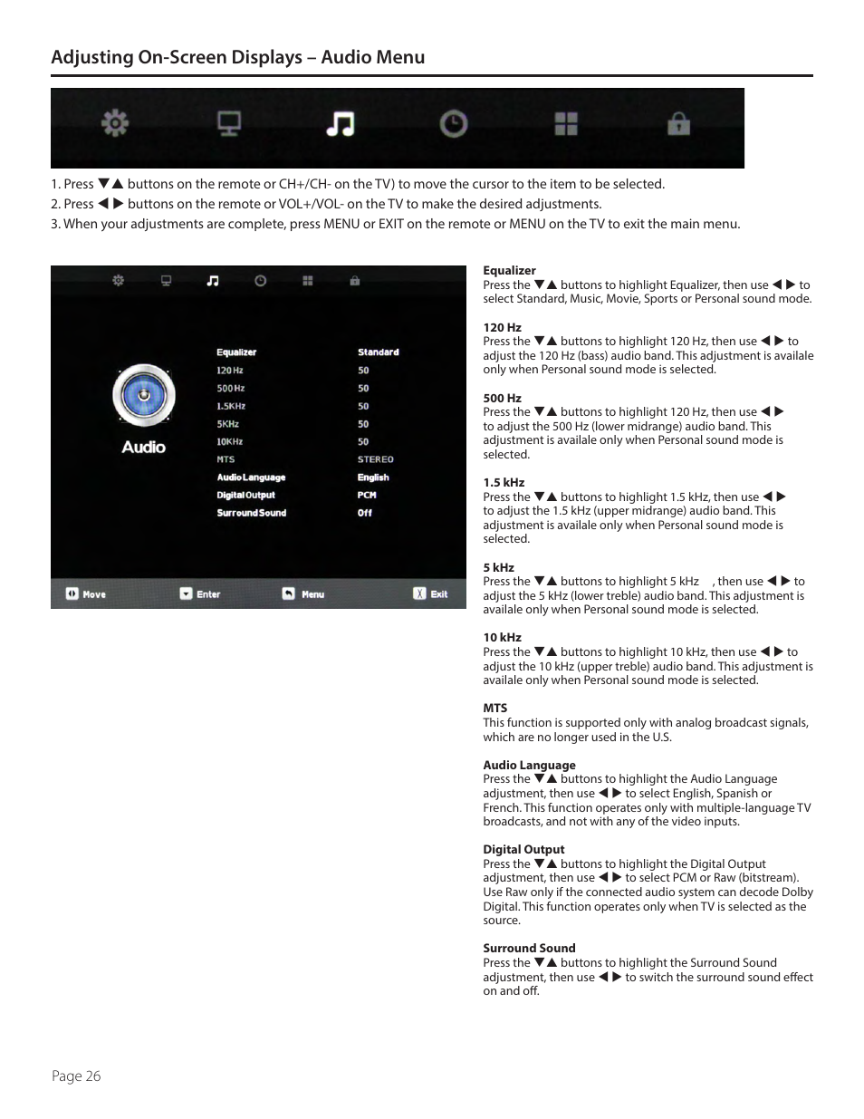 Adjusting on-screen displays – audio menu | SunBriteTV SB-5517HD User Manual | Page 26 / 42