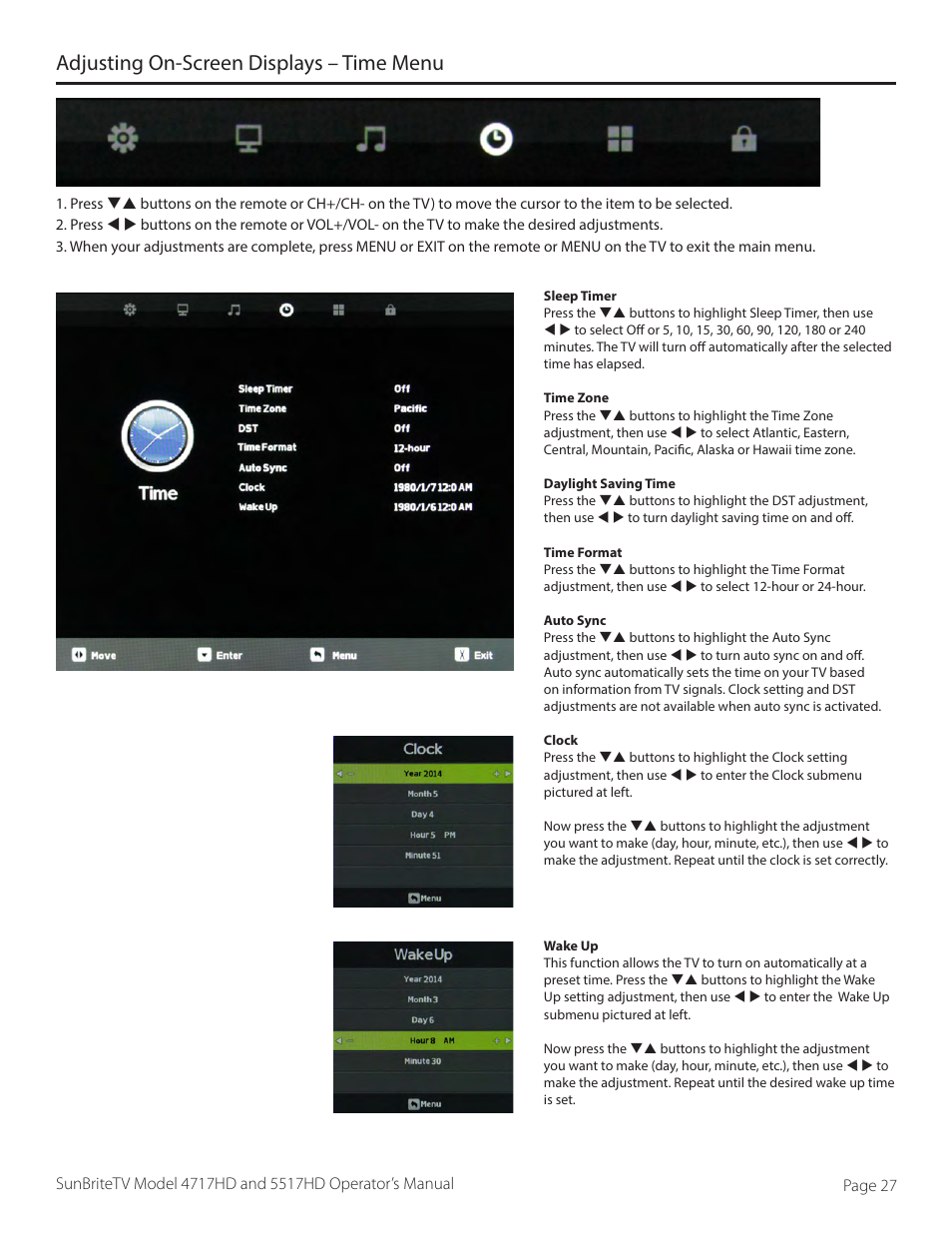 Adjusting on-screen displays – time menu | SunBriteTV SB-5517HD User Manual | Page 27 / 42