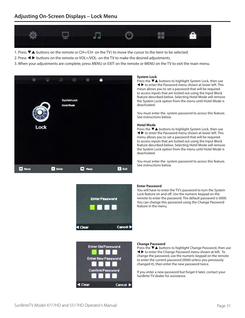 Adjusting on-screen displays – lock menu | SunBriteTV SB-5517HD User Manual | Page 31 / 42