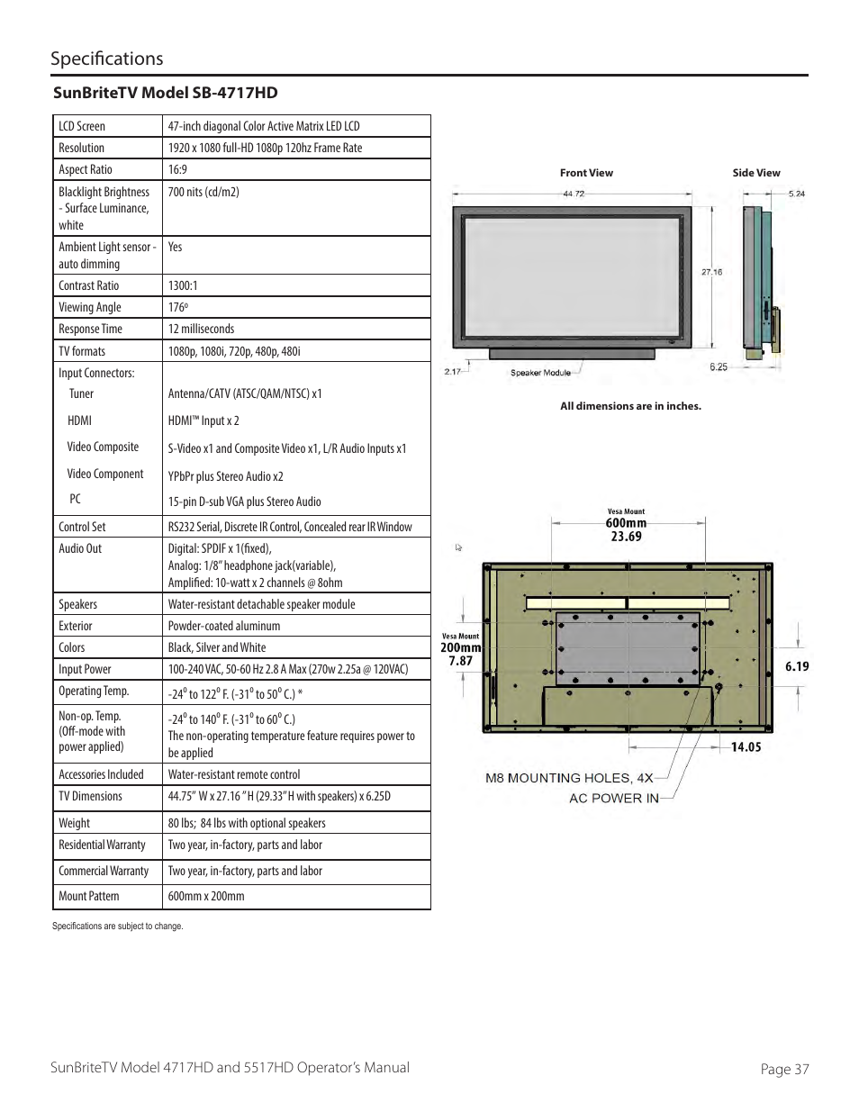 Specifications, Sunbritetv model sb-4717hd | SunBriteTV SB-5517HD User Manual | Page 37 / 42