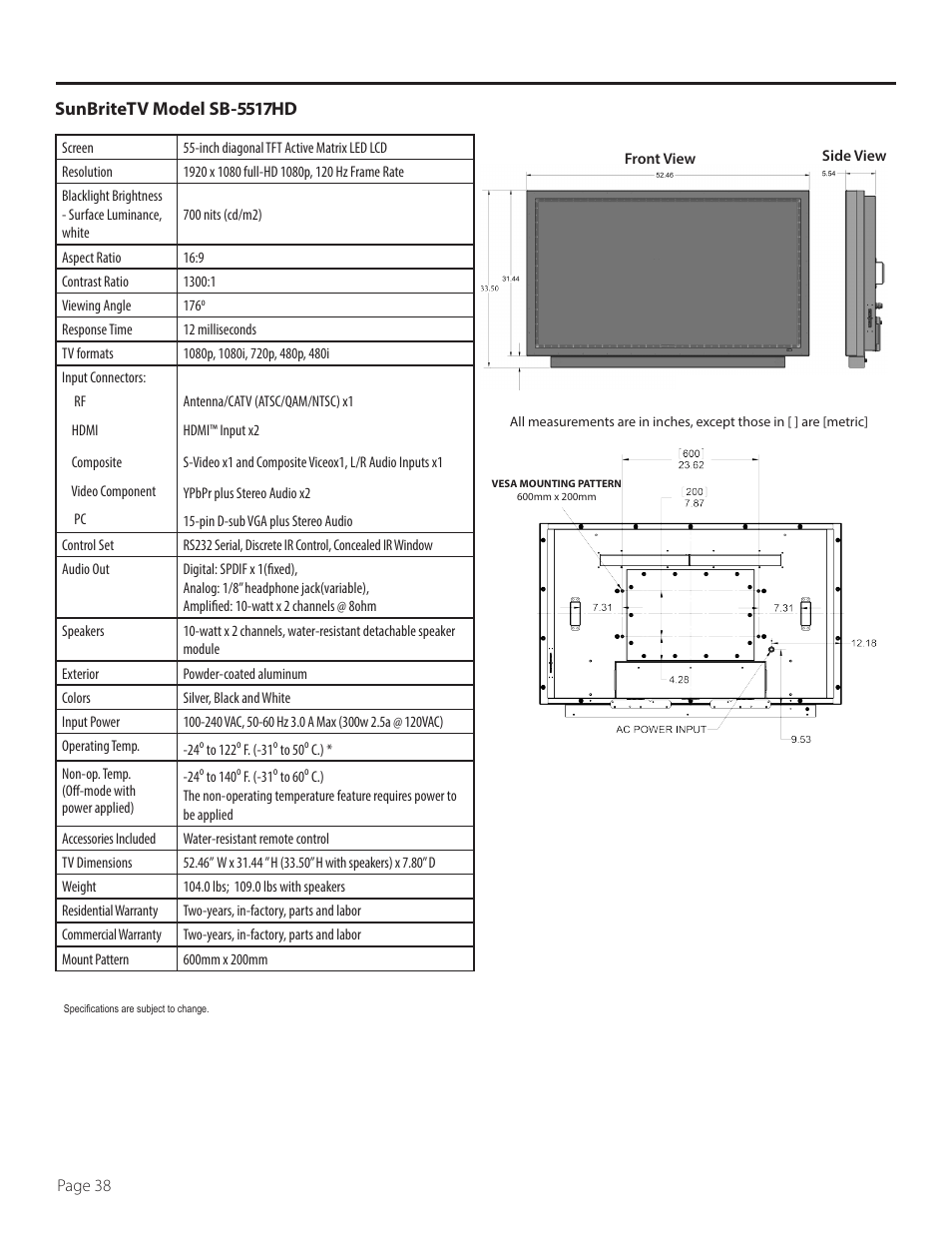 Sunbritetv model sb-5517hd | SunBriteTV SB-5517HD User Manual | Page 38 / 42