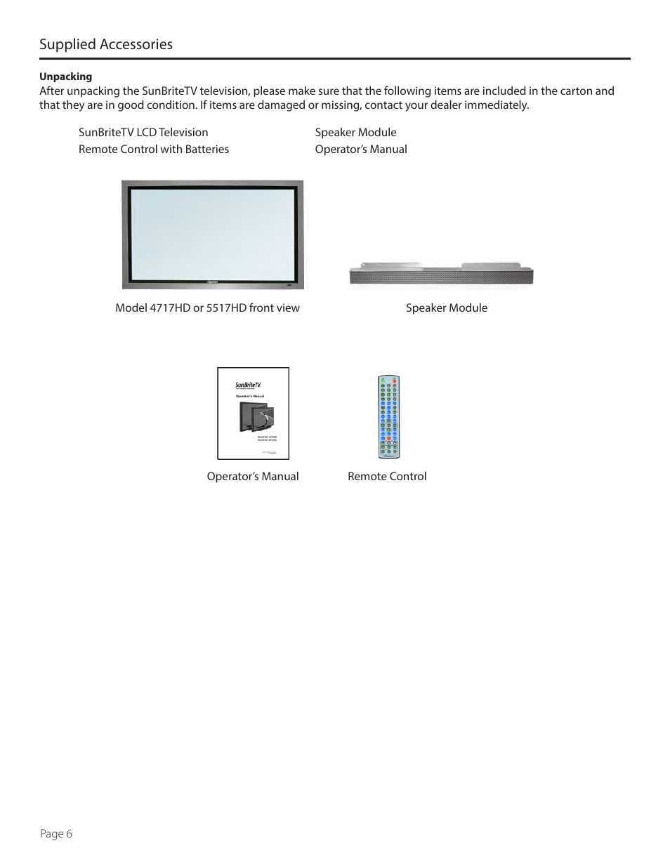 Supplied accessories | SunBriteTV SB-5517HD User Manual | Page 6 / 42