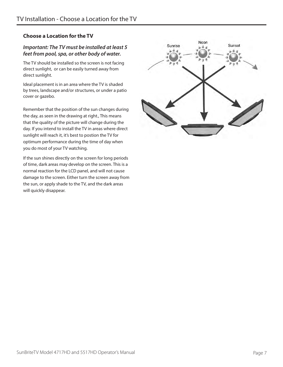 Tv installation - choose a location for the tv | SunBriteTV SB-5517HD User Manual | Page 7 / 42